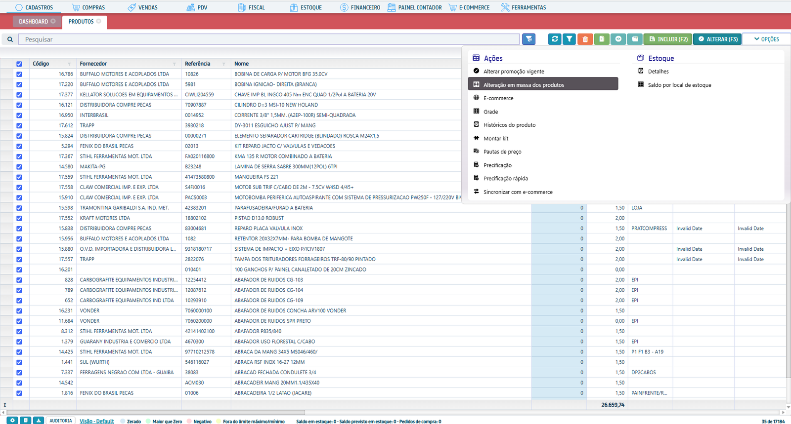 Tela do sistema ERP da Otimizer — 2